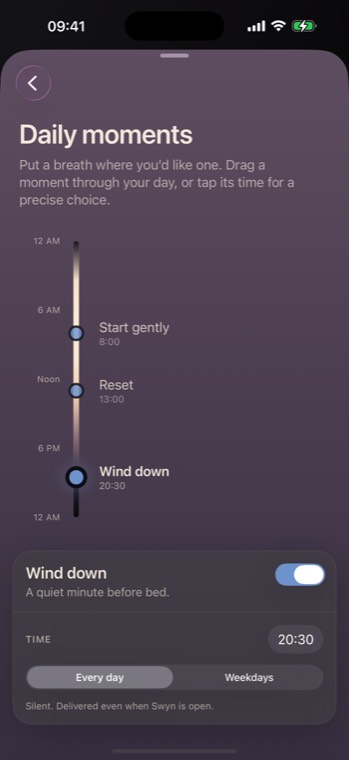 Swyn Daily moments reminders screen